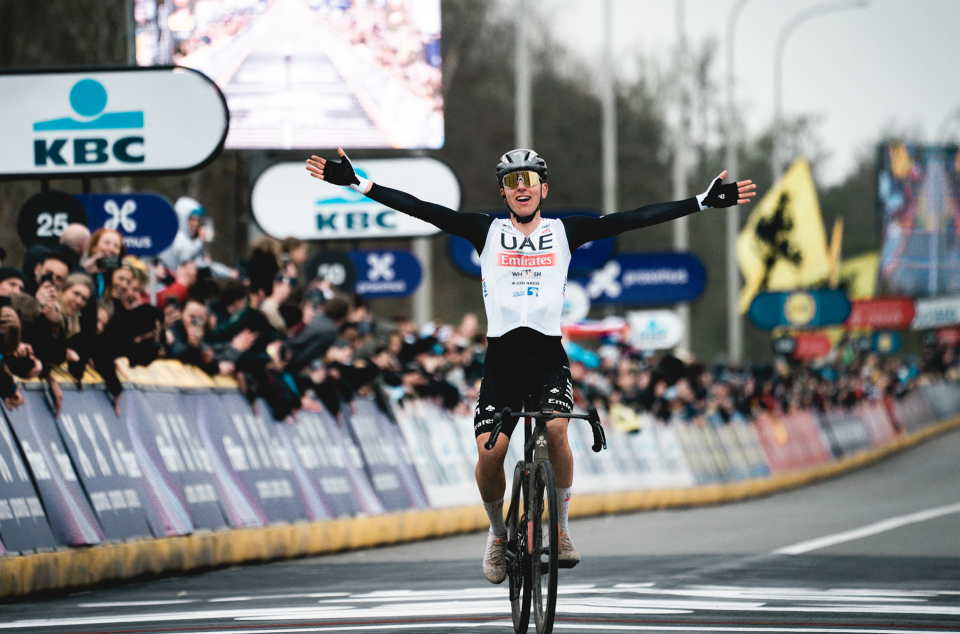 Finishphoto of Tadej Pogačar winning Ronde van Vlaanderen - Tour des Flandres ME .