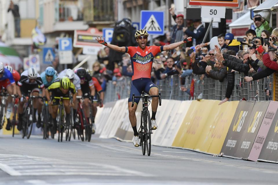 Finishphoto of Vincenzo Nibali winning Milano-Sanremo .