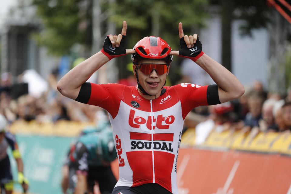 Finishphoto of Arnaud De Lie winning Ronde van Limburg .