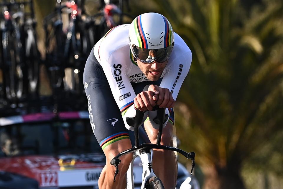 Finishphoto of Filippo Ganna winning Tirreno-Adriatico Stage 1 (ITT).