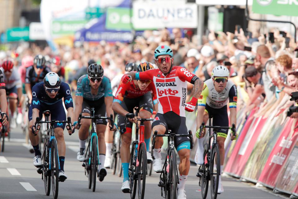 Finishphoto of Caleb Ewan winning Deutschland Tour Stage 1.
