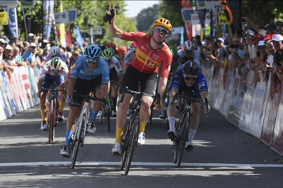 Finishphoto of Søren Wærenskjold winning Tour Poitou - Charentes en Nouvelle Aquitaine Stage 1.