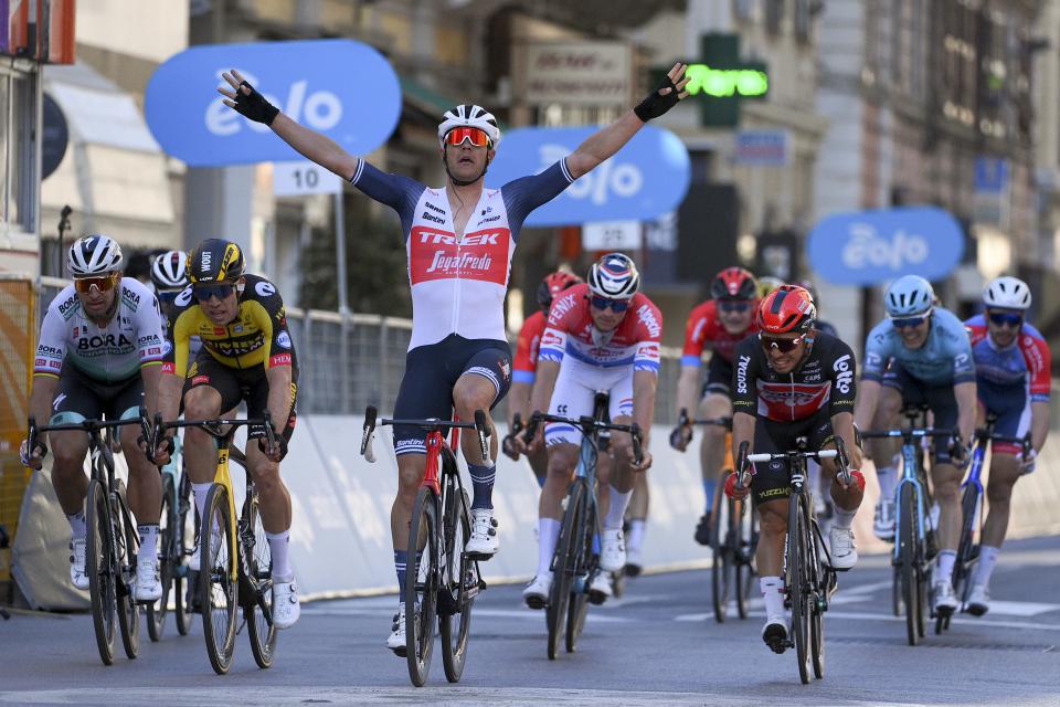 Finishphoto of Jasper Stuyven winning Milano-Sanremo .