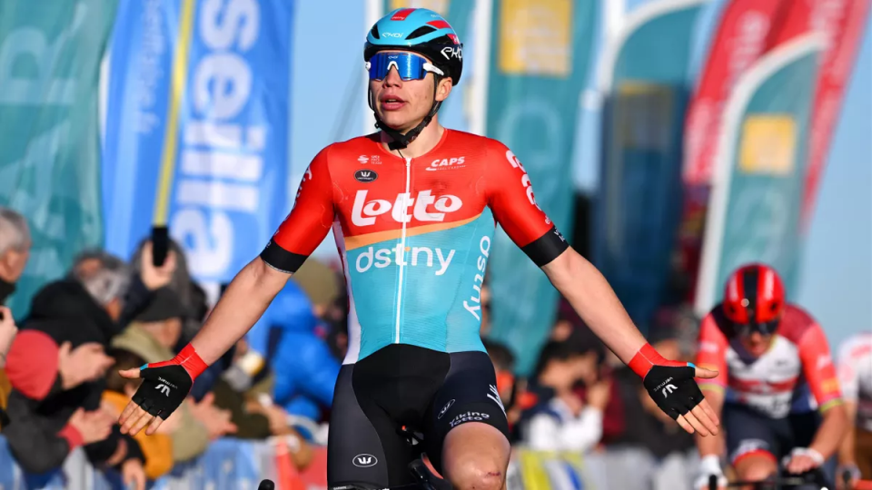 Finishphoto of Arnaud De Lie winning Etoile de Bessèges - Tour du Gard Stage 1.