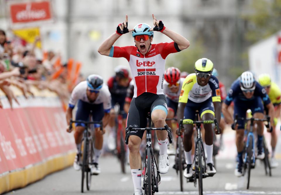Finishphoto of Arnaud De Lie winning Ethias-Tour de Wallonie Stage 3.