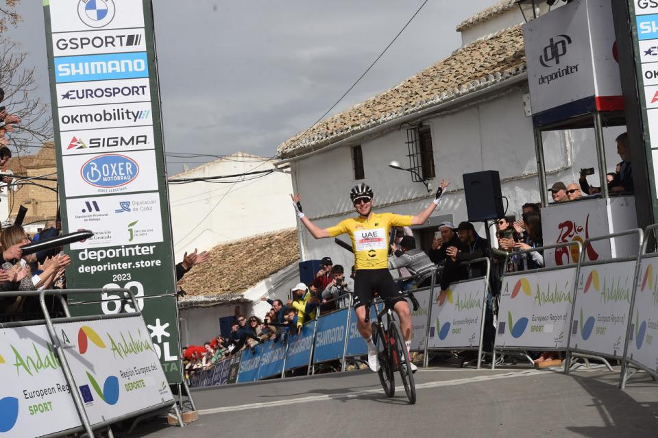 Finishphoto of Tadej Pogačar winning Vuelta a Andalucia Ruta Ciclista Del Sol Stage 4.