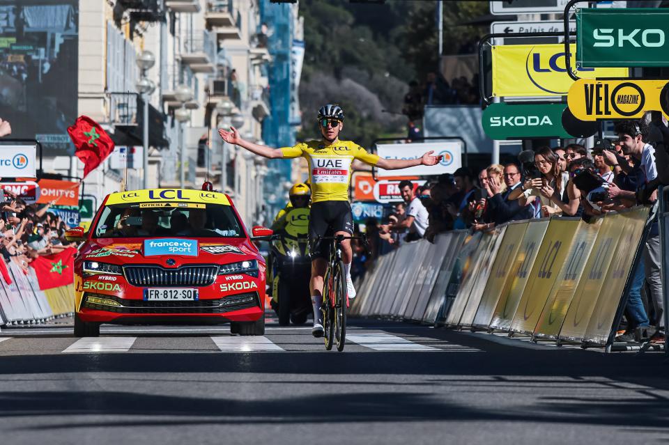 Finishphoto of Tadej Pogačar winning Paris - Nice Stage 8.