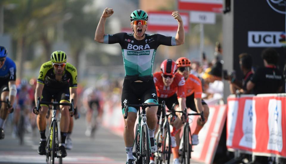 Finishphoto of Pascal Ackermann winning UAE Tour Stage 1.