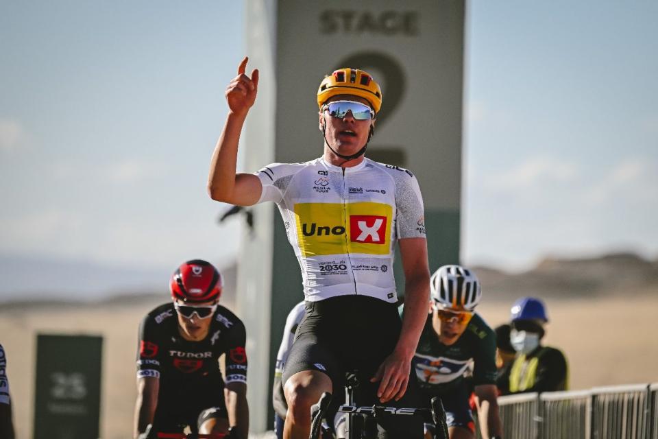 Finishphoto of Søren Wærenskjold winning AlUla Tour Stage 2.
