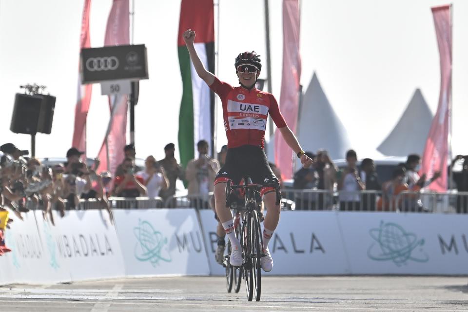Finishphoto of Tadej Pogačar winning UAE Tour Stage 7.