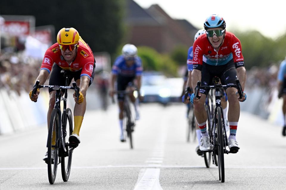 Finishphoto of Jasper De Buyst winning Egmont Cycling Race .