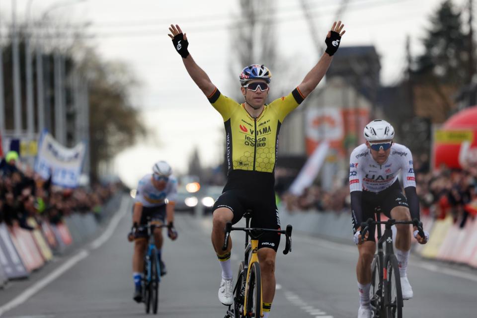 Finishphoto of Wout van Aert winning Kuurne-Brussel-Kuurne .