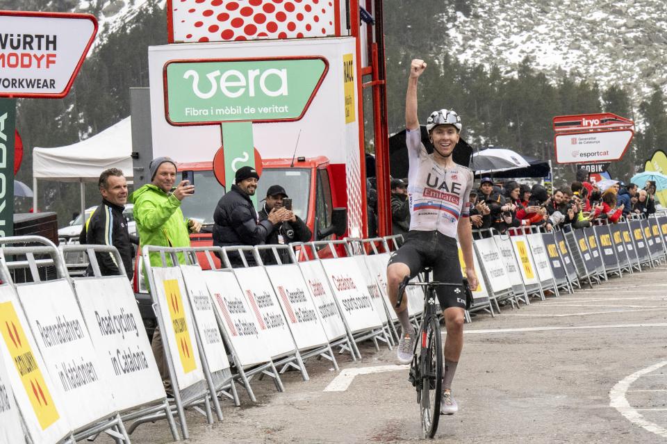 Finishphoto of Tadej Pogačar winning Volta Ciclista a Catalunya Stage 2.