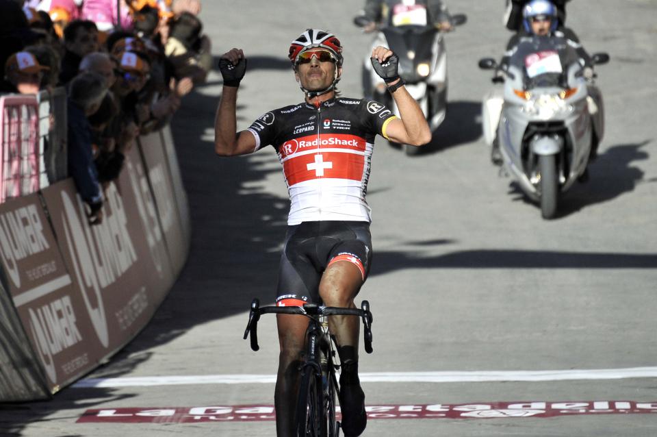 Finishphoto of Fabian Cancellara winning Montepaschi Strade Bianche - Eroica Toscana .